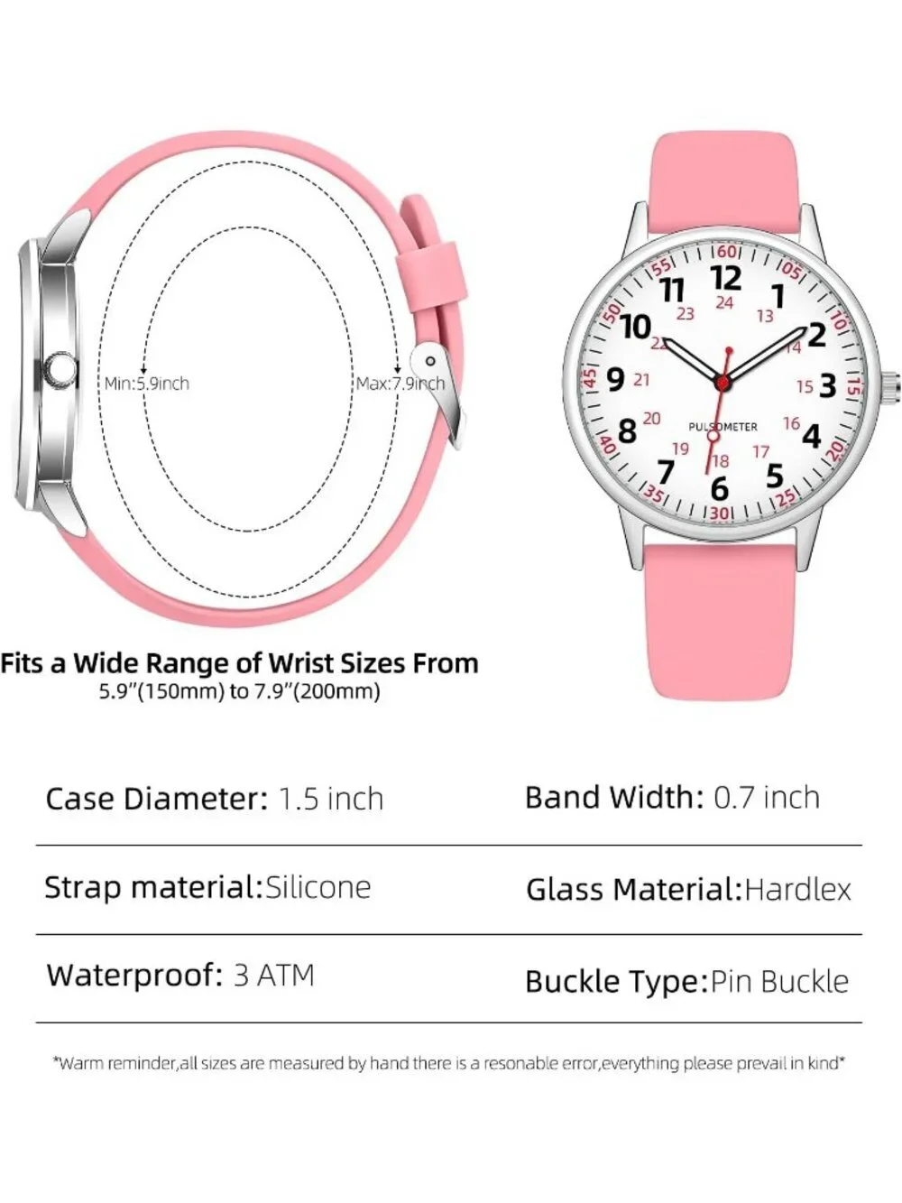 Women's Pink Analog Silicone Rubber Band Second Hand Nursing Waterproof Watch